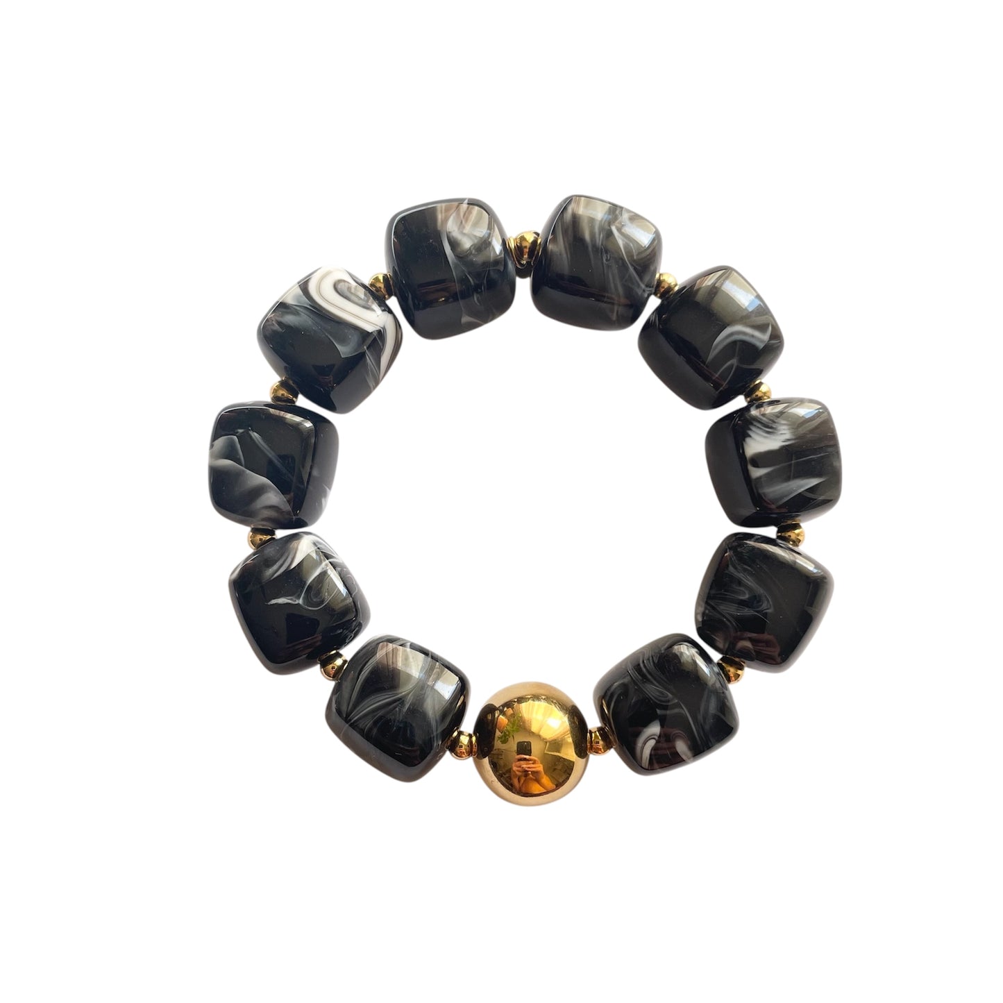 Bracelet Olympe en résine noire avec perle dorée en acier inoxydable, bijou ajustable femme