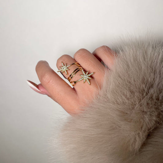 Bague double étoiles brillante en acier inoxydable tendance femme ajustable