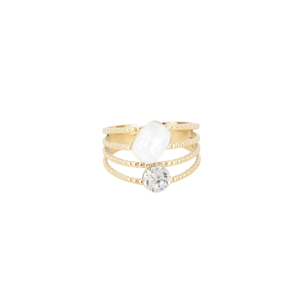 Bague ajustable pour femme en acier inoxydable, design à 4 rangs striés avec deux cristaux Swarovski Light Grey Delite, bijou moderne, résistant à l’eau et éclatant