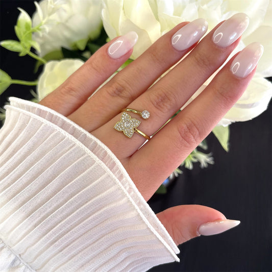 Bague trèfle strass tendance en acier inoxydable doré pour femme