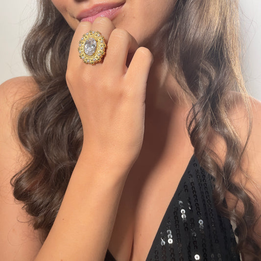 Bague vintage gros zircon en acier inoxydable doré pour femme