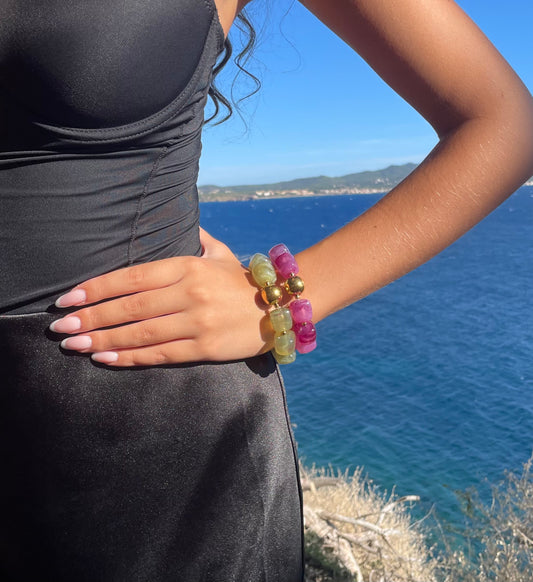 Bracelet en résine perles carrées vertes pour femme tendance