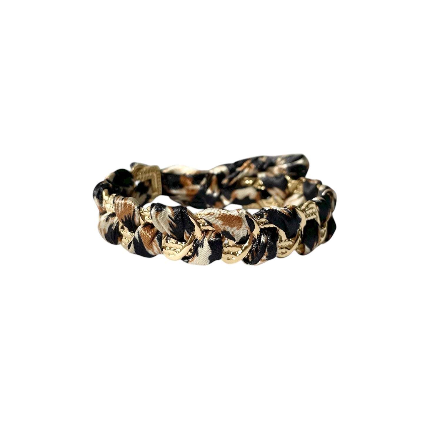 Bracelet jonc PANTHERA ajustable en acier inoxydable doré, relié par un tissu léopard élégant.
