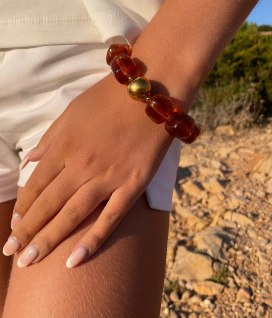 Bracelet en résine perles marron translucide pour femme tendance