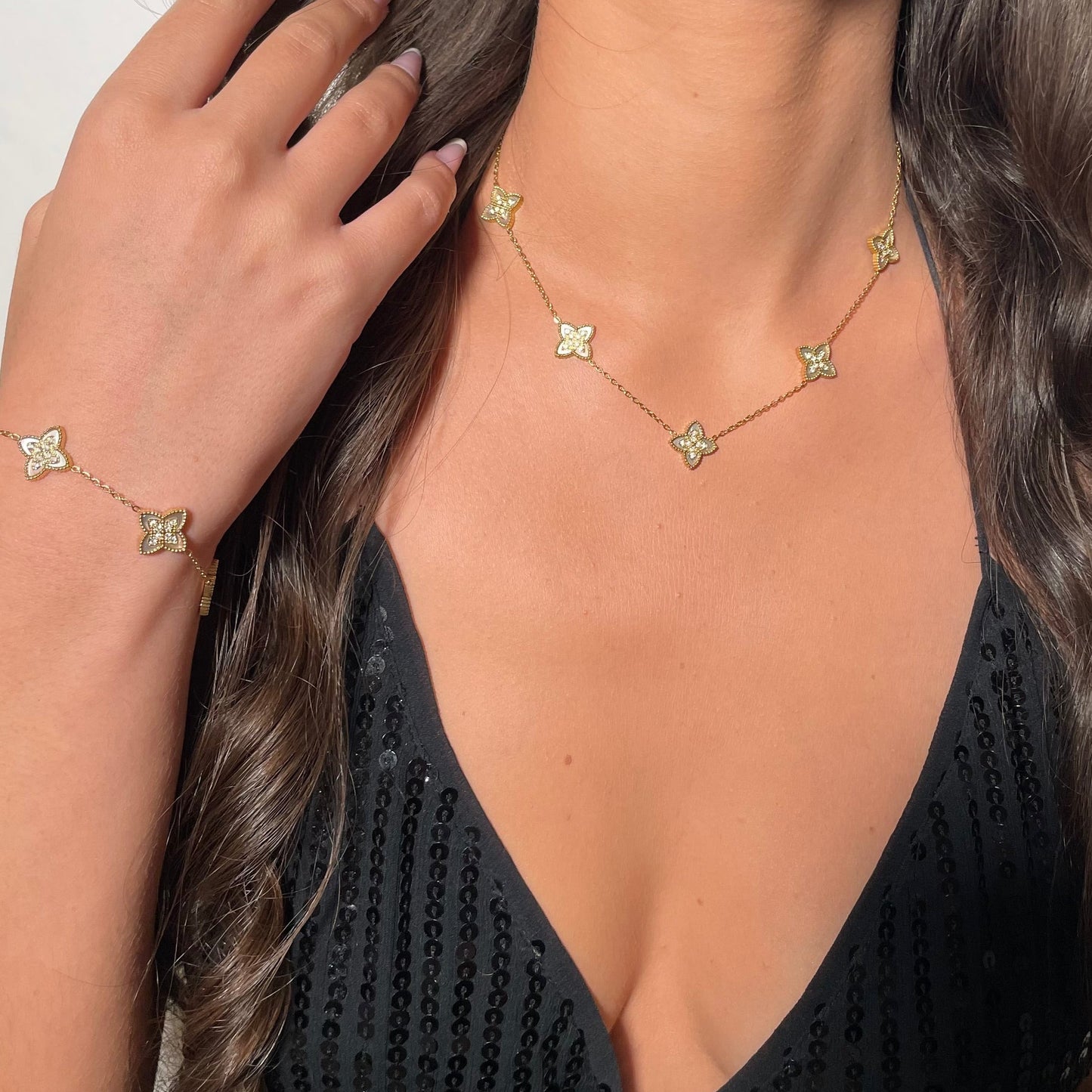 Collier trèfles blanc nacré en acier inoxydable doré tendance pour femme