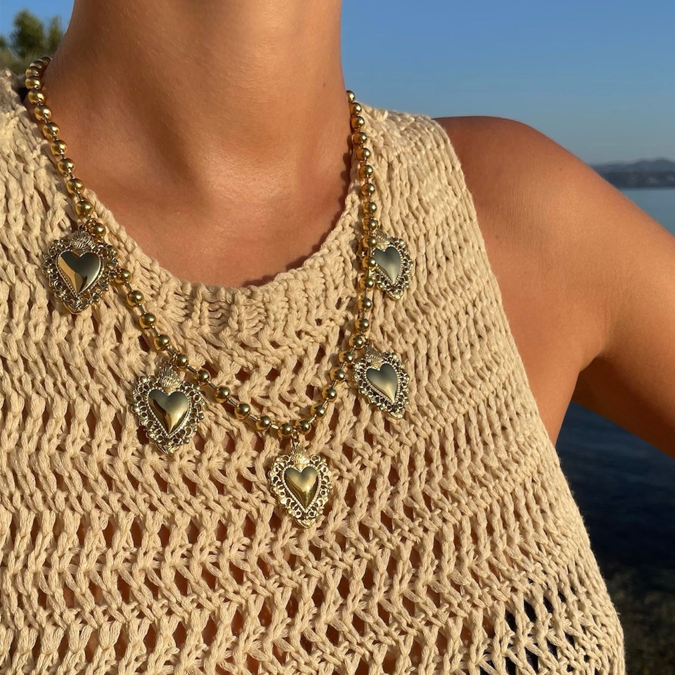 Collier breloques coeur acier inoxydable doré femme