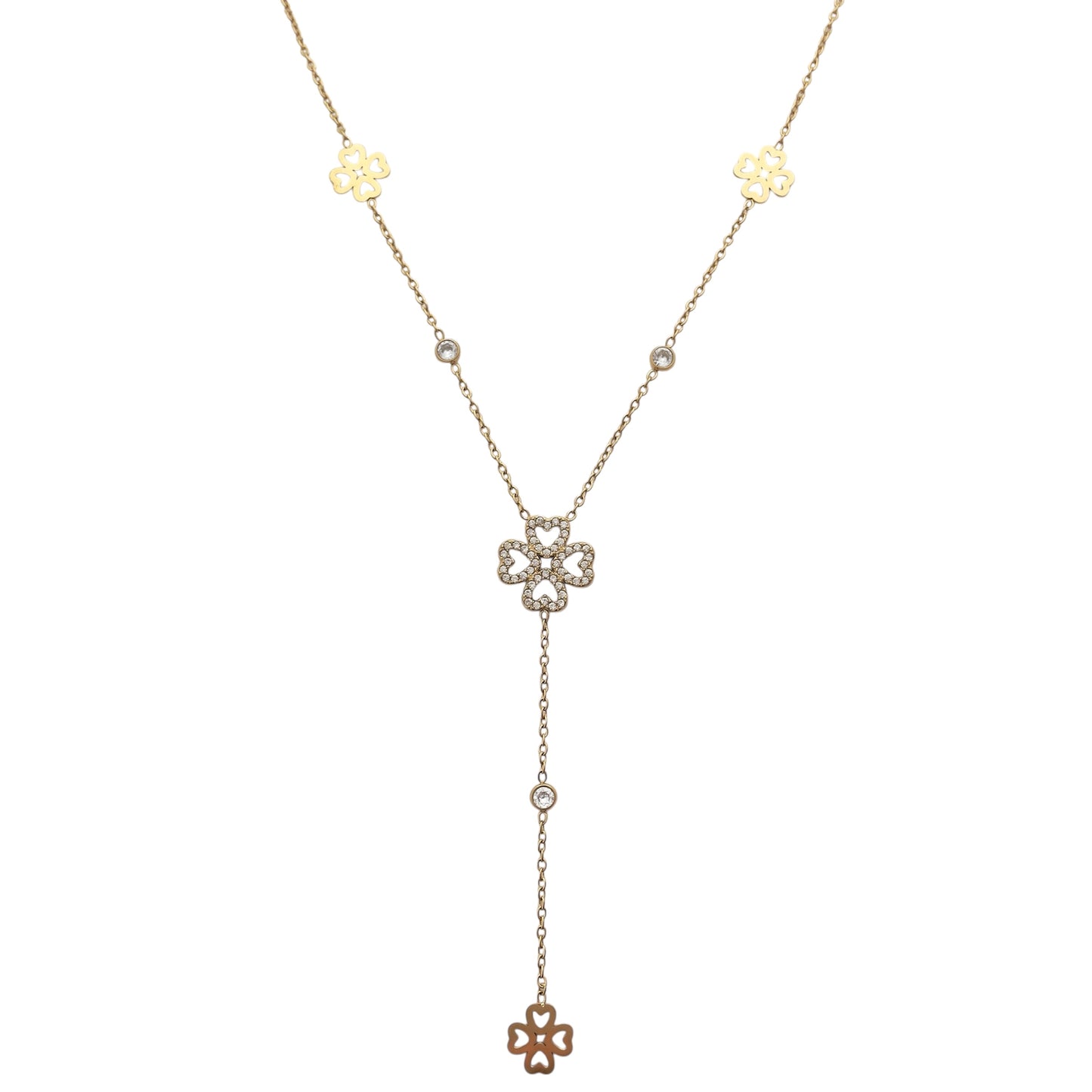 Collier en y trèfle tendance en acier inoxydable doré pour femme