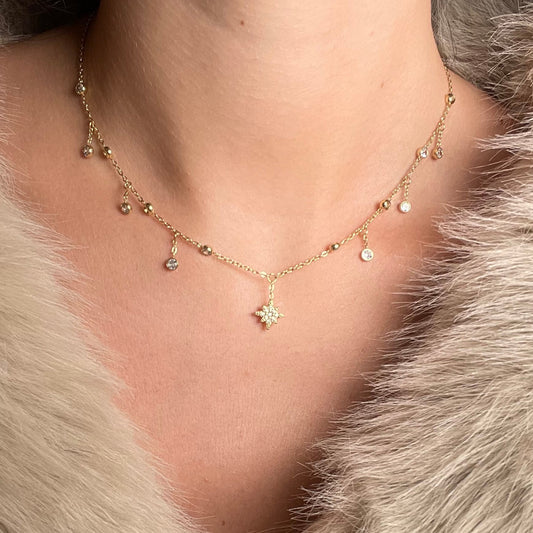 Collier ras de cou étoile et strass en acier inoxydable doré femme