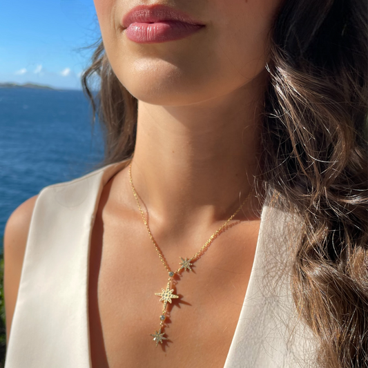 Collier fin 3 étoiles strass en acier inoxydable doré pour femme