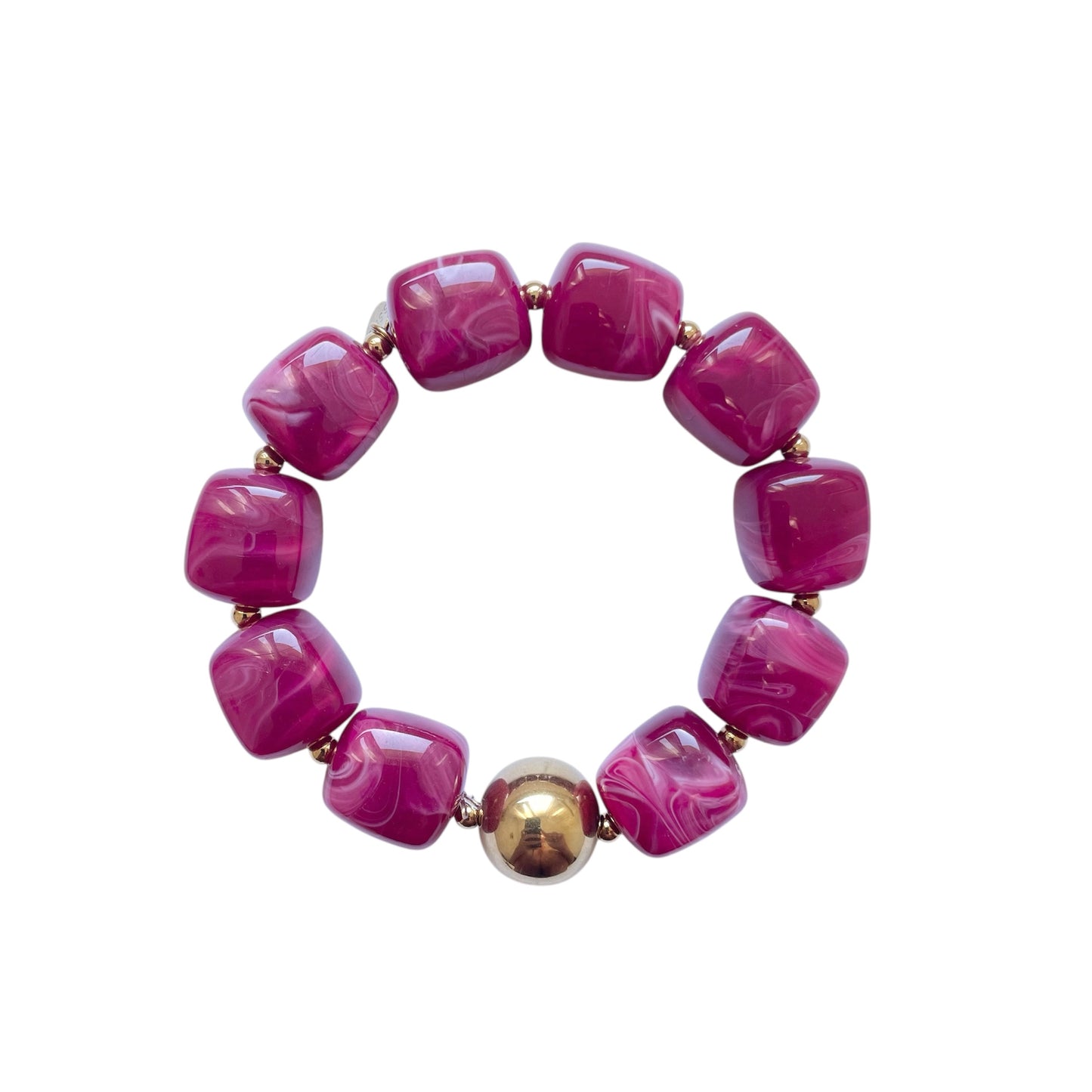 Bracelet Olympe en résine magenta fuchsia avec perle dorée en acier inoxydable, bijou tendance femme ajustable et résistant à l’eau