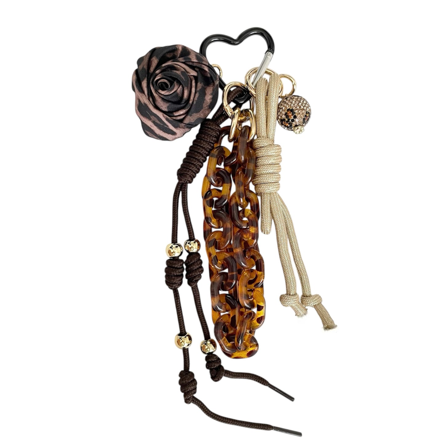 Grigri pour sac à main léopard tendance avec chaîne marron, fleur et boule léopard, lacets marron et doré, mousqueton noir, accessoire personnalisable et porte-bonheur