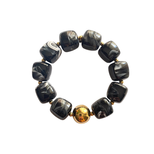 Bracelet Olympe en résine noire avec perle dorée en acier inoxydable, bijou ajustable femme