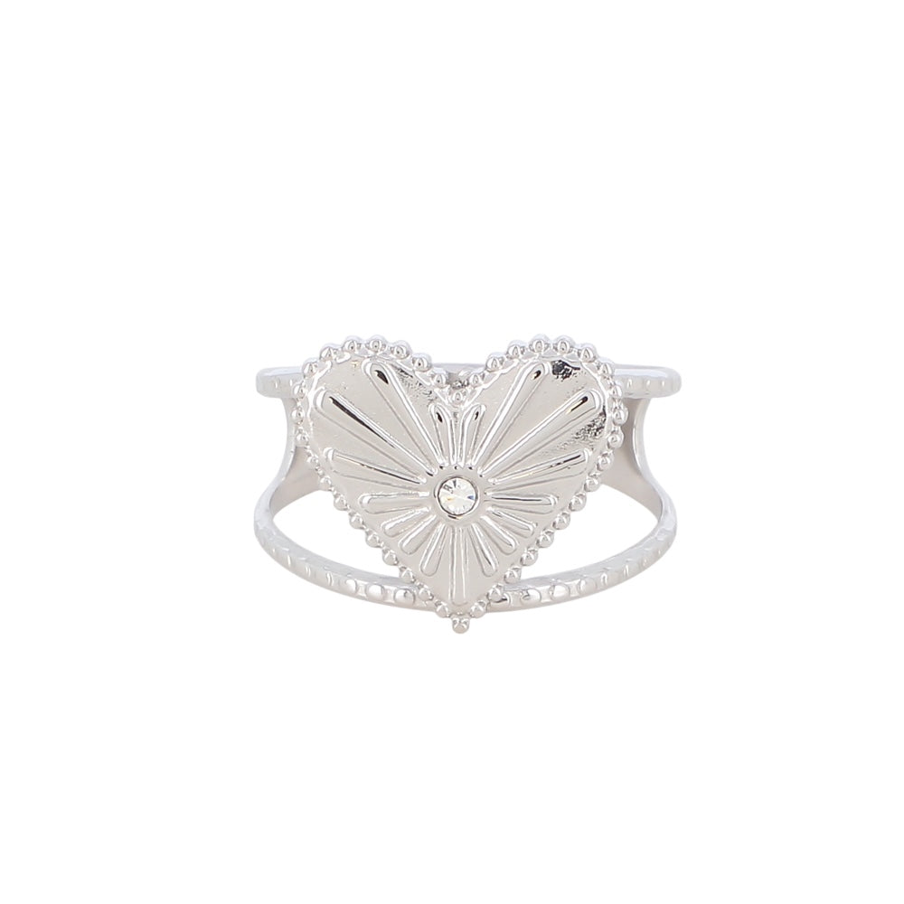 Bague fine pour femme en acier inoxydable argenté, ornée d’un cœur texturé effet rayons de lumière avec un oxyde de zirconium brillant, bijou ajustable, hypoallergénique et résistant à l’eau