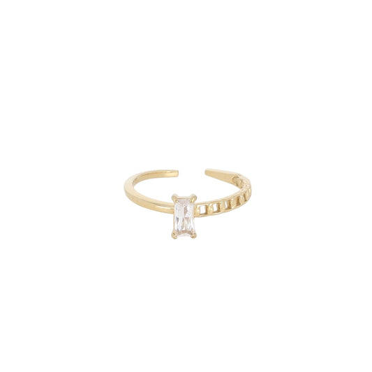 Bague pour femme en acier inoxydable doré, anneau fin et ajustable au design contrasté avec maille ajourée et oxyde de zirconium rectangulaire scintillant, bijou moderne et hypoallergénique