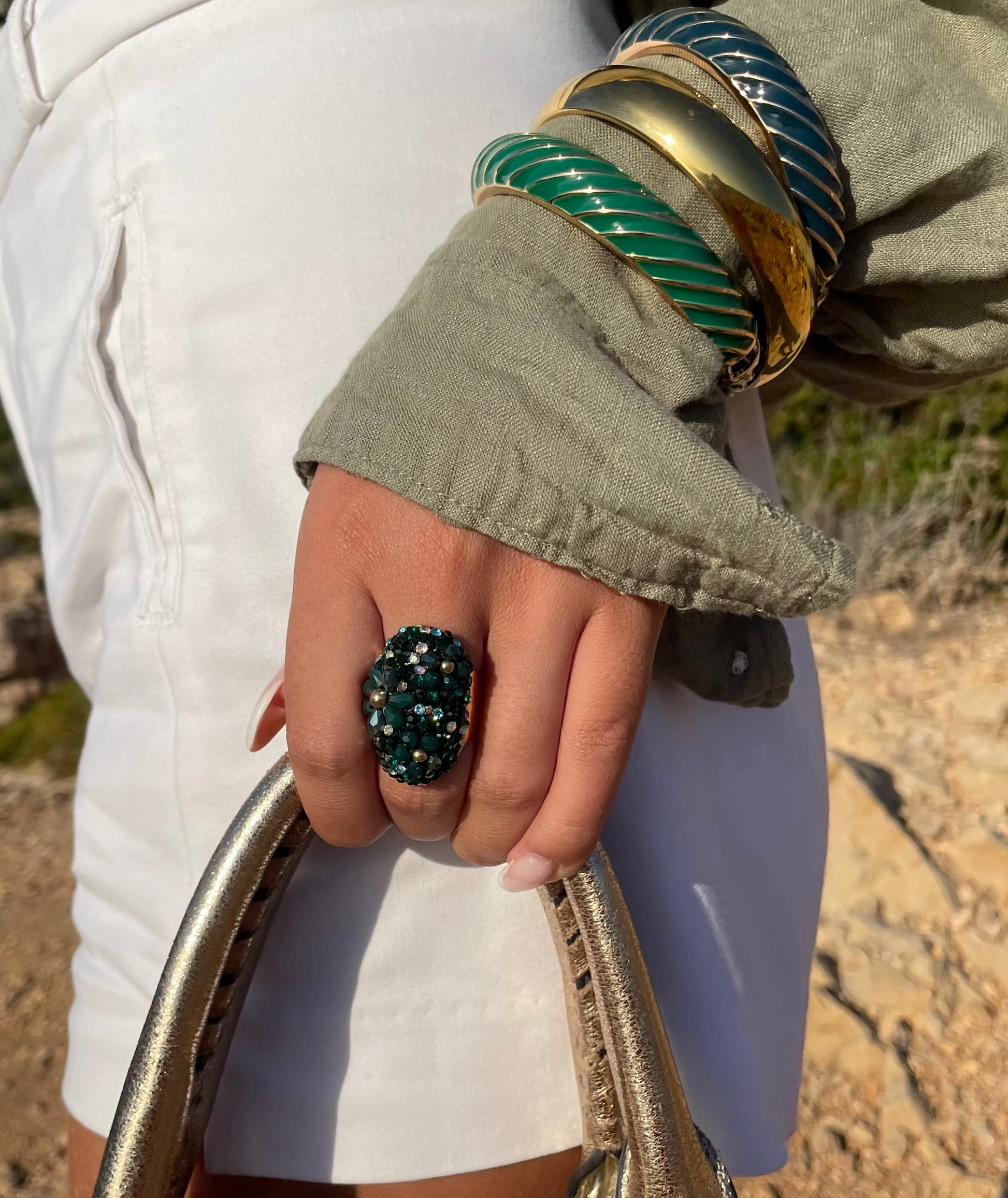 Bague perles et strass verte en acier inoxydable dore tendance pour femme