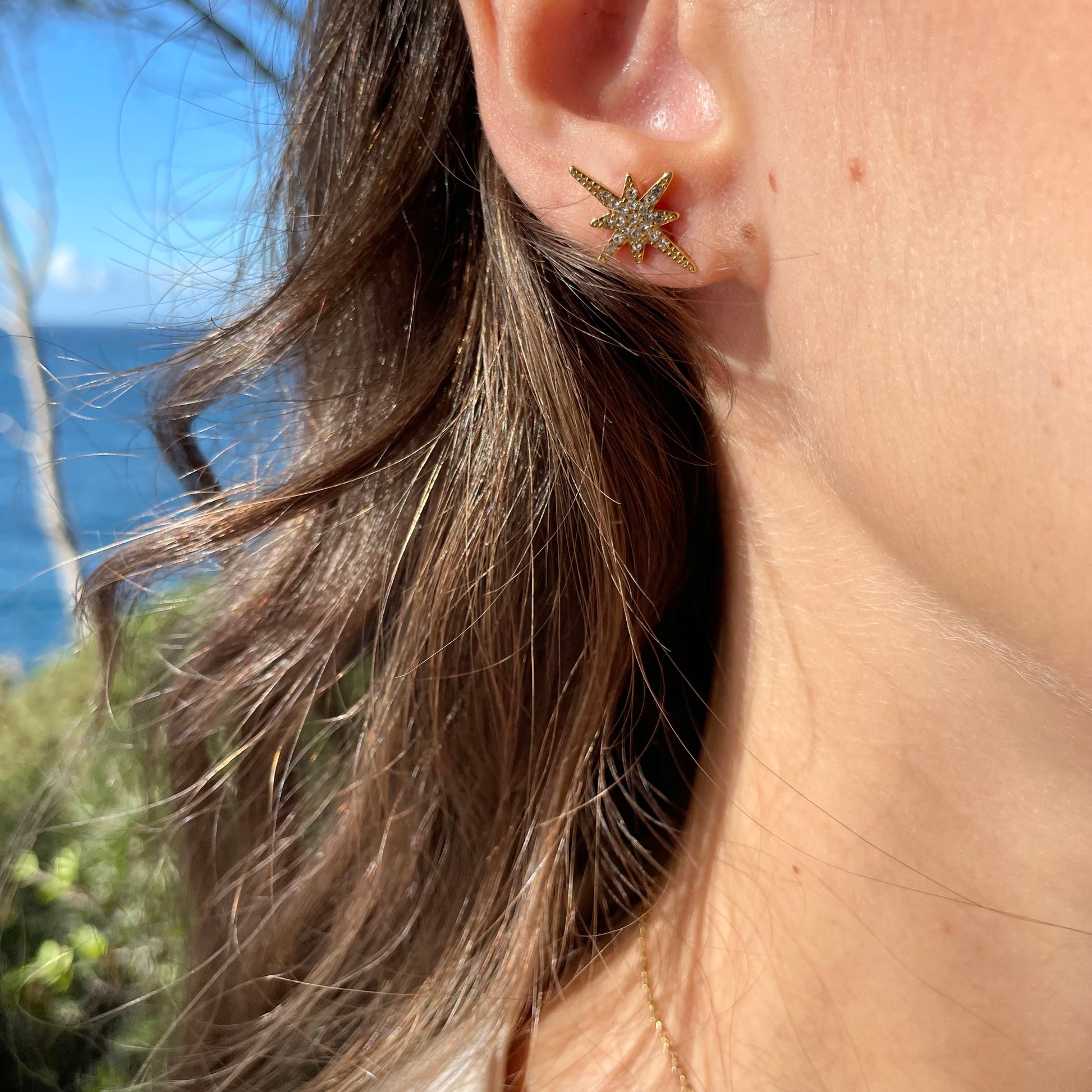 Boucles d’oreilles puces étoilée en acier inoxydable strass doré pour femme 