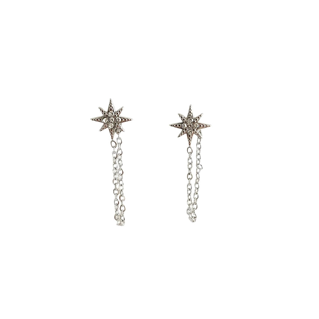 Boucles d’oreilles pendantes étoile strass argenté en acier inoxydable pour femme 