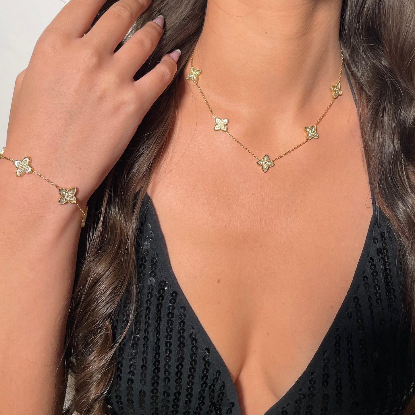 Bracelet trèfle blanc nacré en acier inoxydable doré tendance femme 