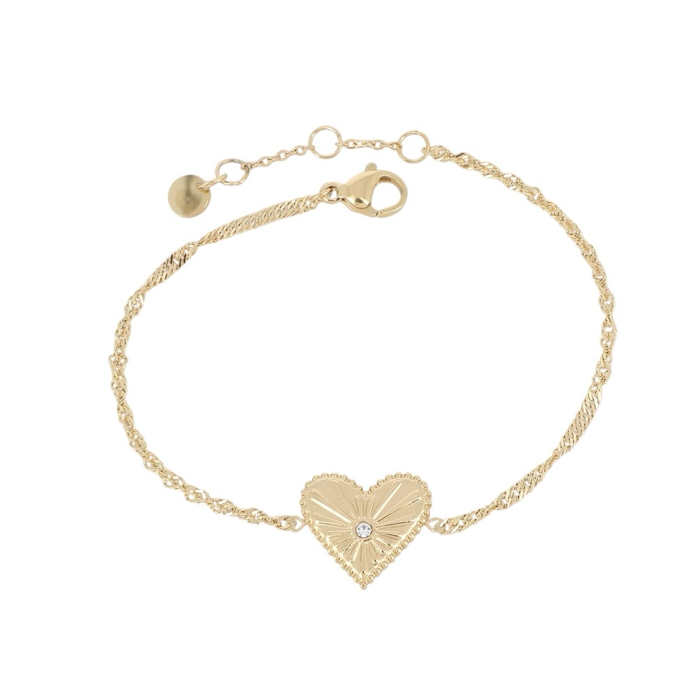 Bracelet ajustable pour femme en acier inoxydable doré, orné d’un pendentif cœur texturé avec un oxyde de zirconium scintillant, bijou hypoallergénique, raffiné et résistant à l’eau