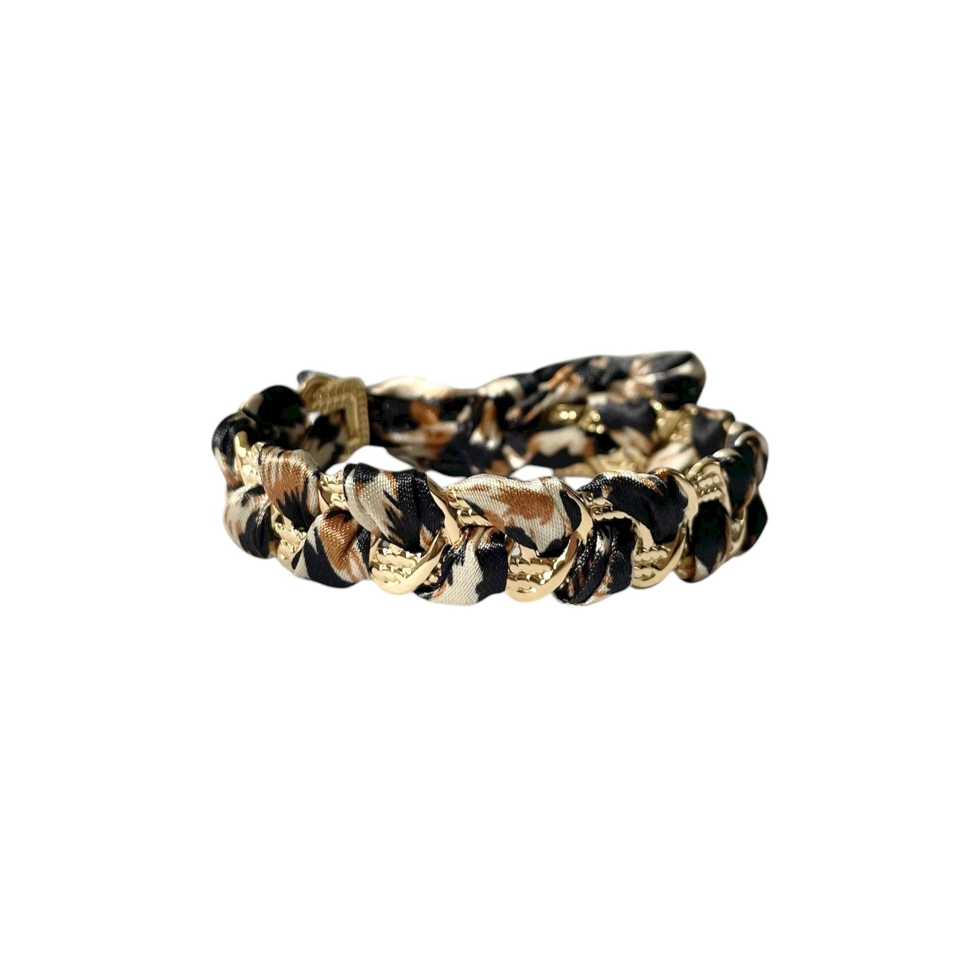 Bracelet jonc PANTHERA ajustable en acier inoxydable doré, relié par un tissu léopard élégant.