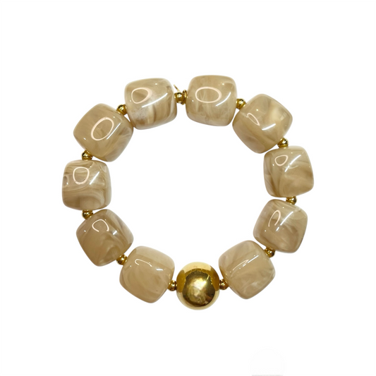 Bracelet en résine perles carrées couleur crème et perle doré en acier inoxydable pour femme 
