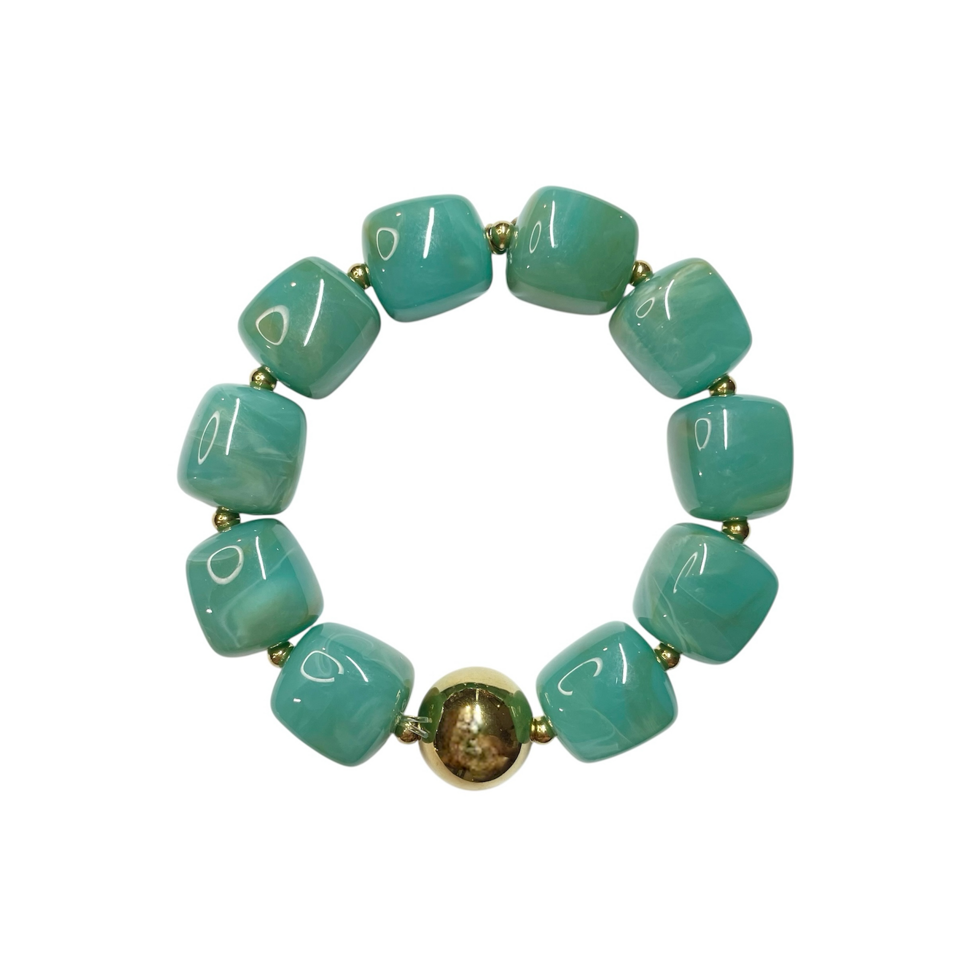 Bracelet en résine perles carrées turquoise et doré en acier inoxydable ajustable pour femme 