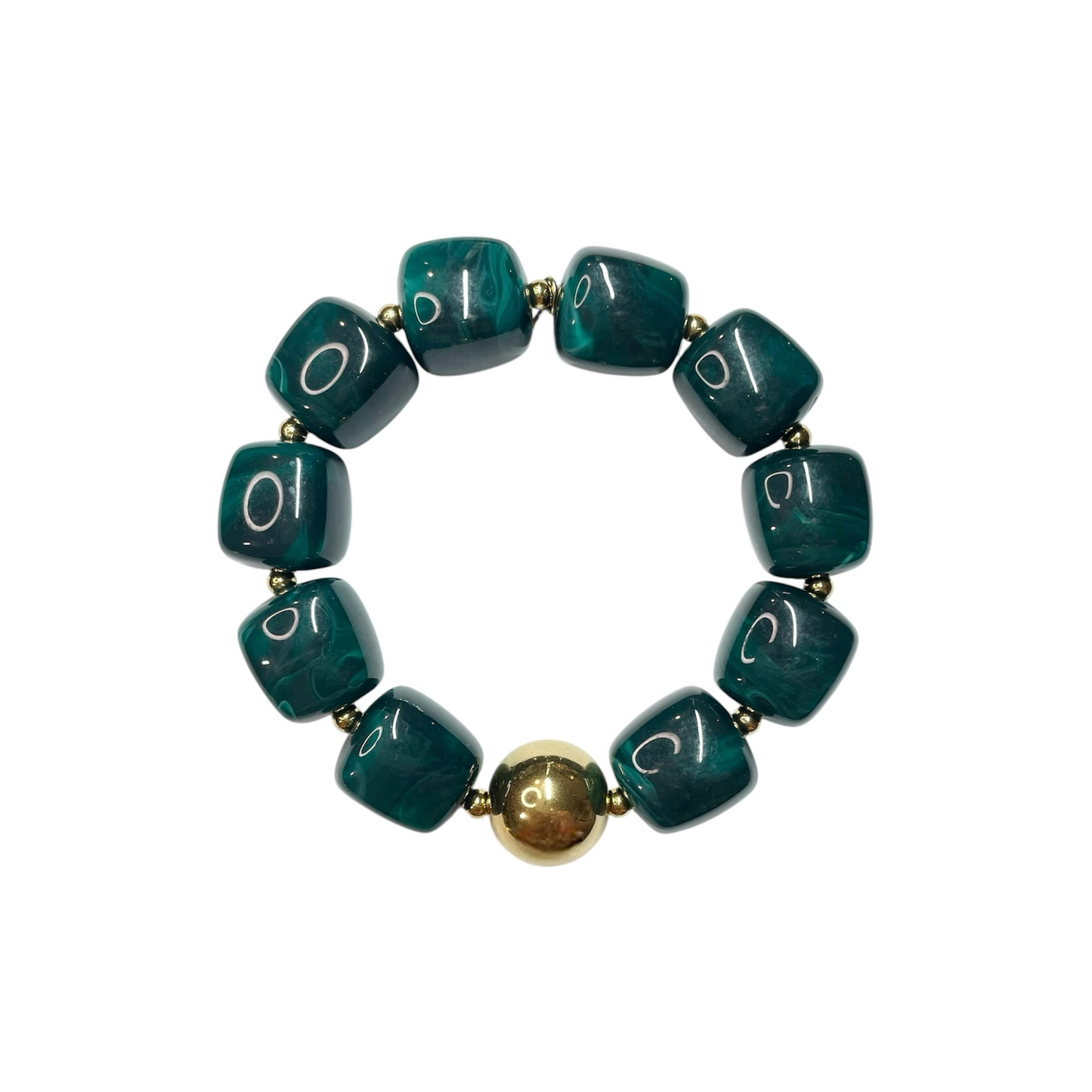 Bracelet en résine perles carrées vert clair et doré en acier inoxydable ajustable femme 