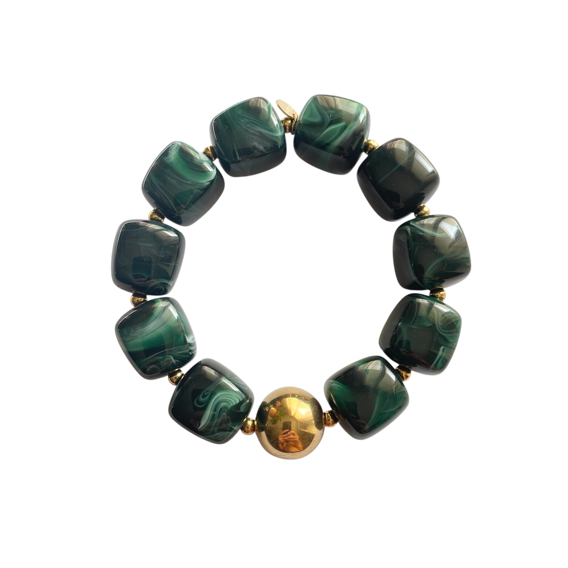 Bracelet en résine verte avec perle carré dorée en acier inoxydable, bijou femme ajustable