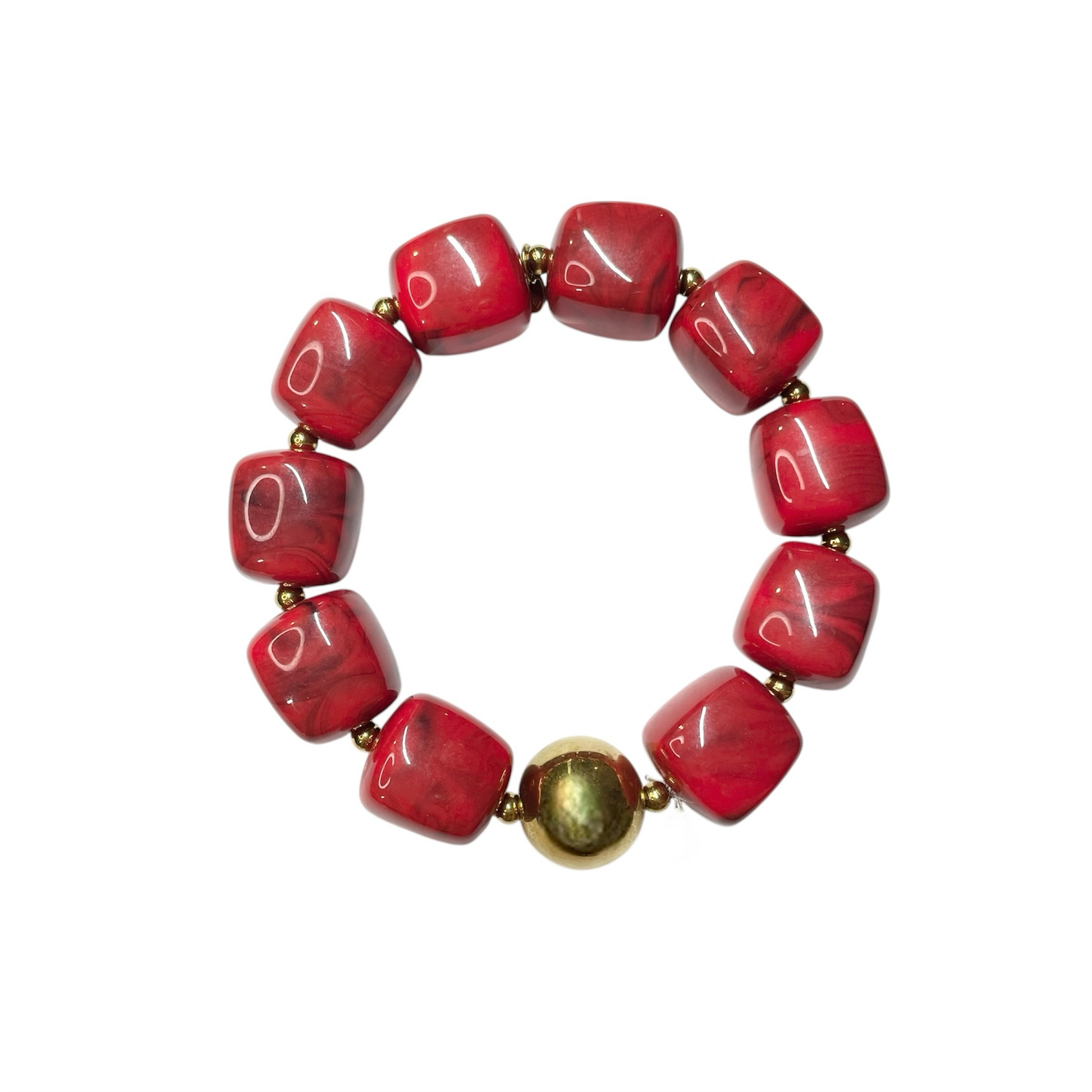 Bracelet résine perles carrées rouge et doré en acier inoxydable ajustable femme 