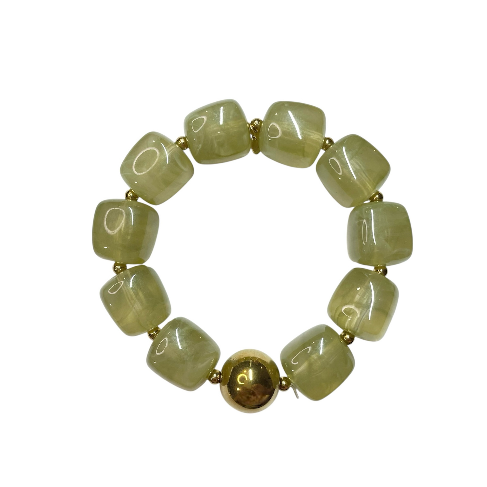 Bracelet en résine perles carrées vert et doré en acier inoxydable ajustable femme 