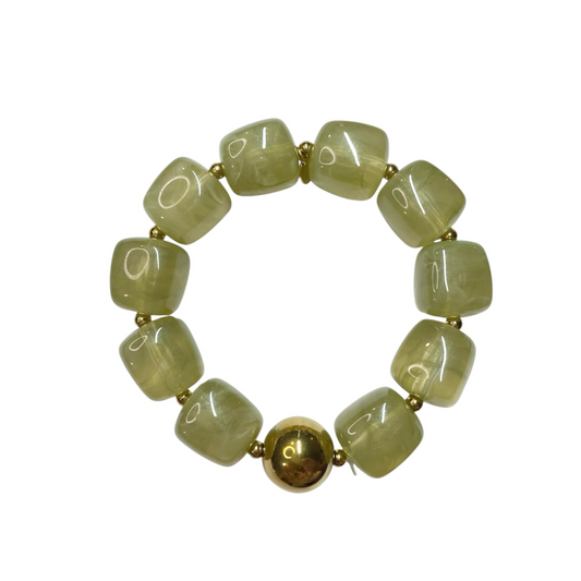 Bracelet en résine perles carrées vert et doré en acier inoxydable ajustable 