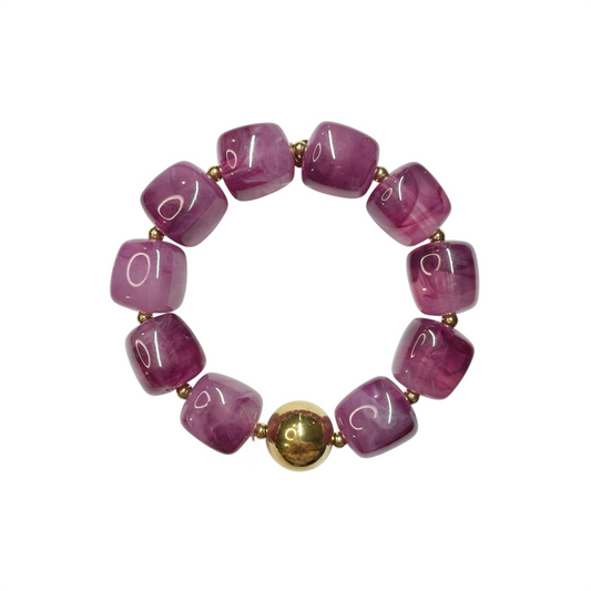 Bracelet en résine perles carrées violettes et doré en acier inoxydable ajustable 