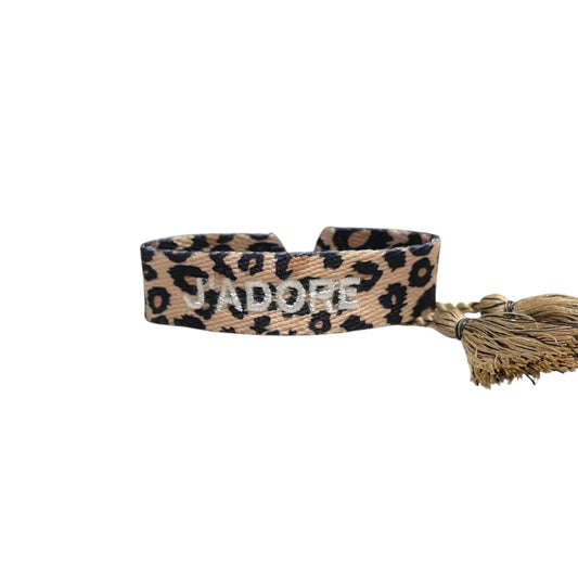 Bracelet léopard en tissu brodé j’adore ajustable tendance femme