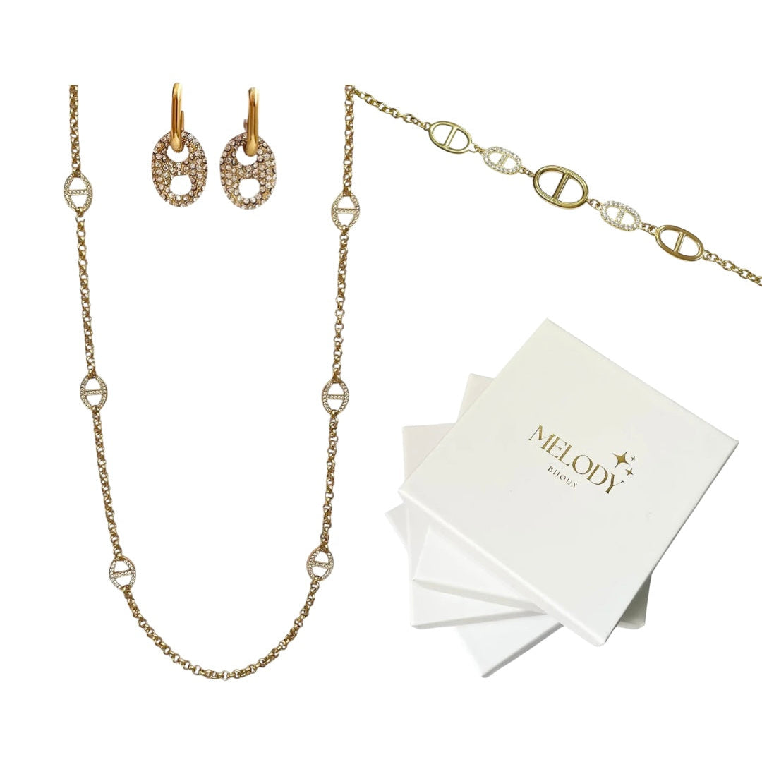 Coffret de Noël édition limitée Melody Bijoux avec sautoir, boucles d’oreilles Maille Marine Strass, bracelet et boîte cadeau.