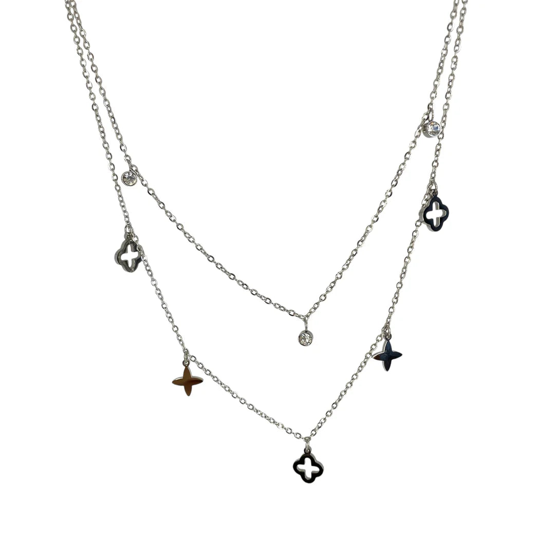 Collier 2 rangs trèfles et étoiles en acier inoxydable argenté pour femme 