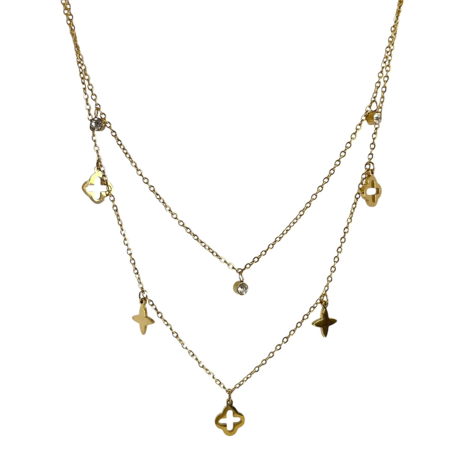 Collier 2 rangs trèfles et étoiles en acier inoxydable doré pour femme 