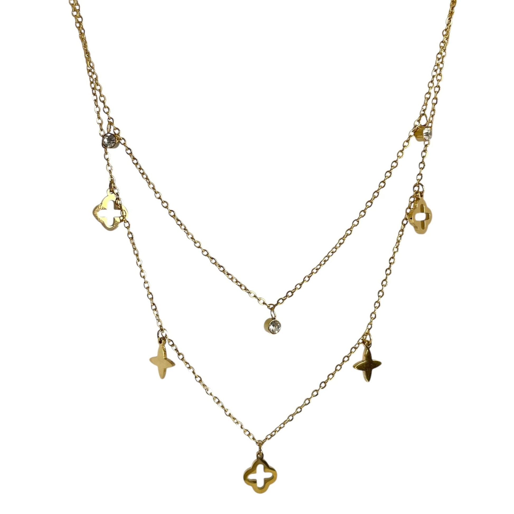 Collier 2 rangs trèfles et étoiles en acier inoxydable doré pour femme 