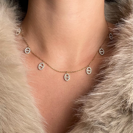 Collier ras de cou à pampilles Maille marine acier inoxydable dore et strass femme 