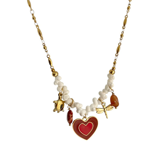 Collier fantaisie en acier inoxydable doré pour femme, orné de breloques cœur rouge