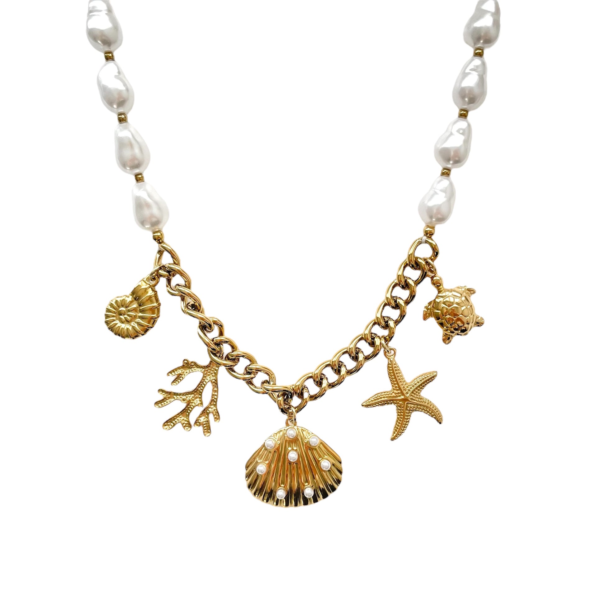 Collier tendance breloques étoile de mer, coquillage en acier inoxydable doré femme