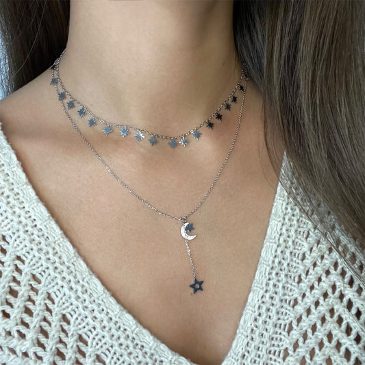 Collier en Y étoile Lune acier inoxydable argenté pour femme 