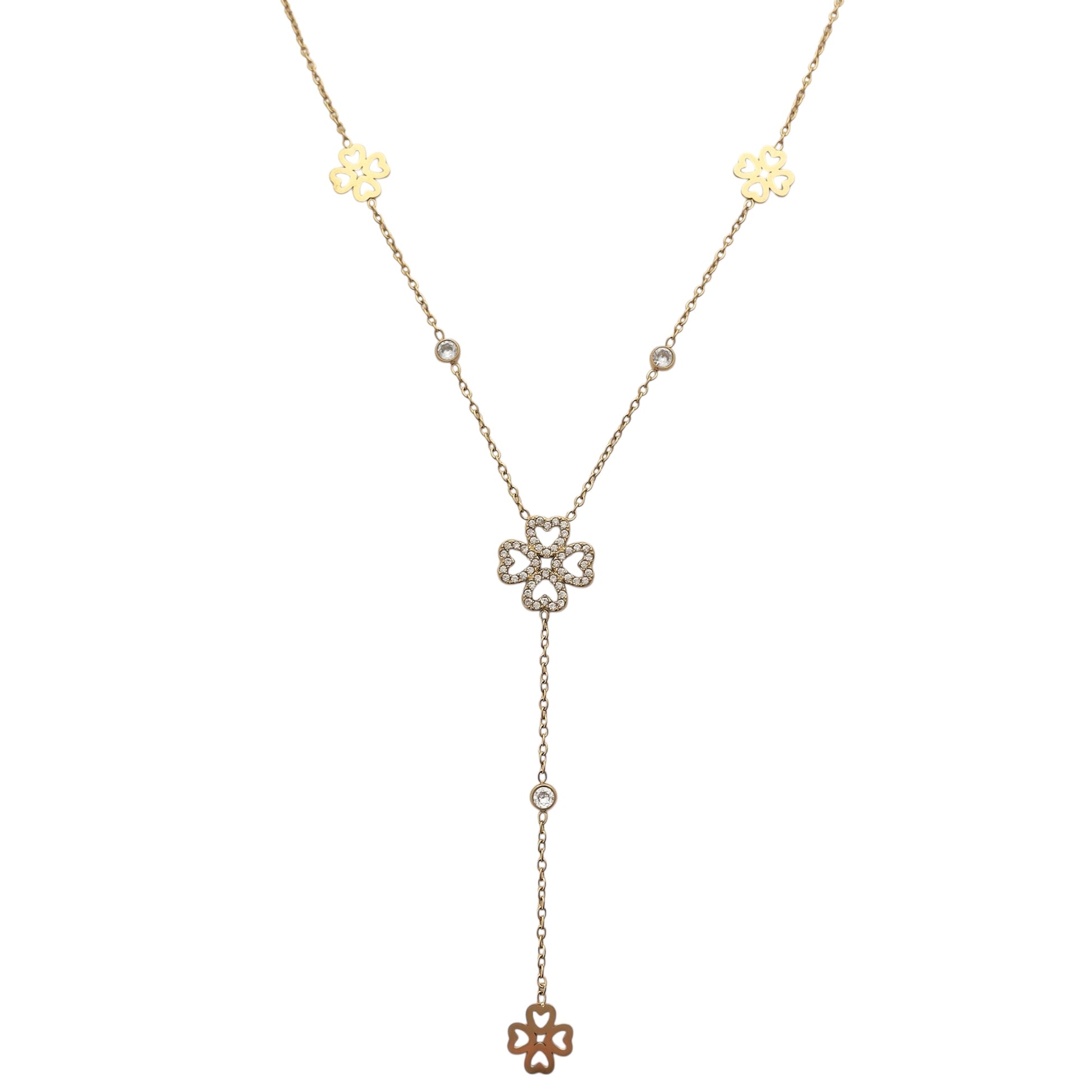 Collier en y trèfle tendance en acier inoxydable doré pour femme 