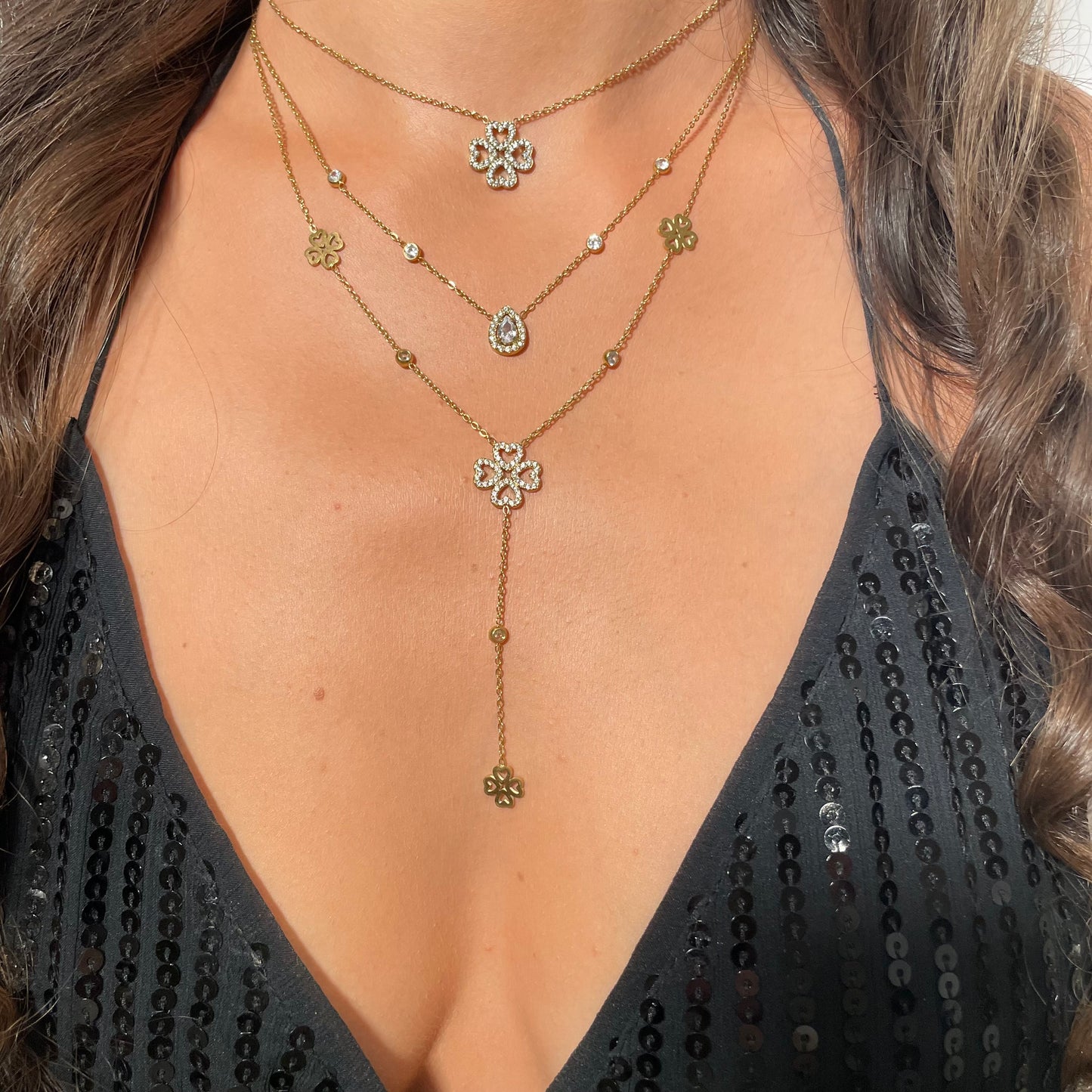 Collier en y trèfle doré en acier inoxydable pour femme 