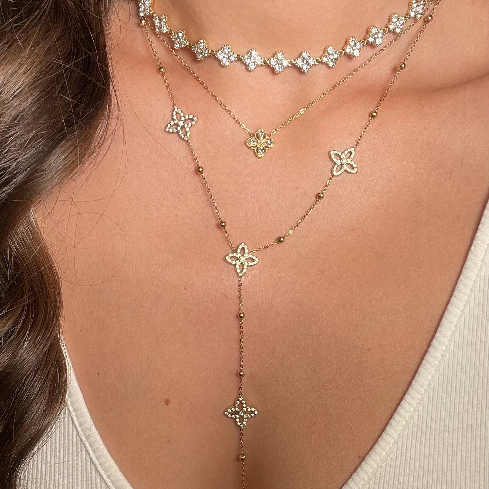 Collier y trèfle et strass en acier inoxydable doré pour femme