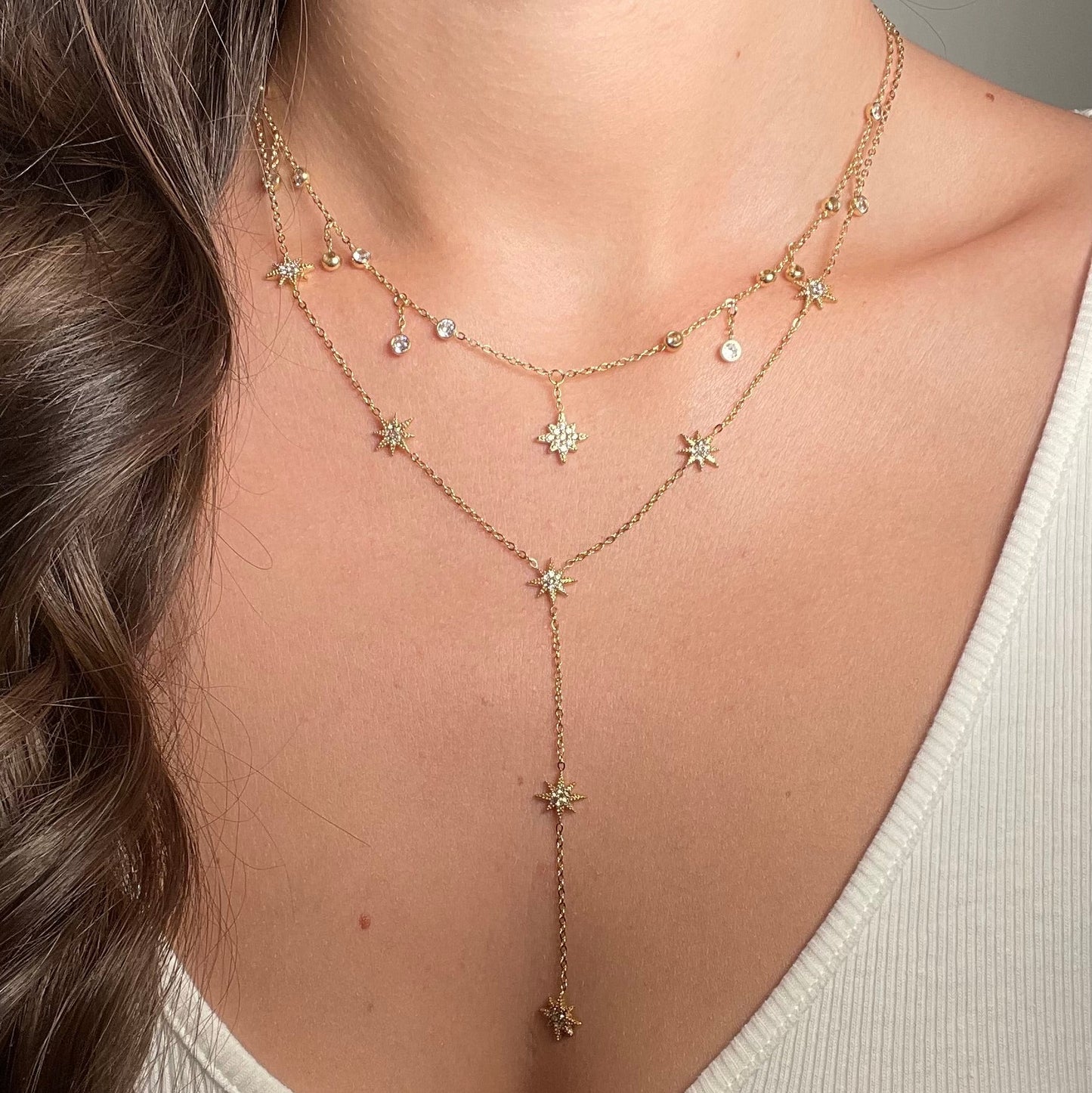 Collier étoilé en y doré en acier inoxydable pour femme tendance chic