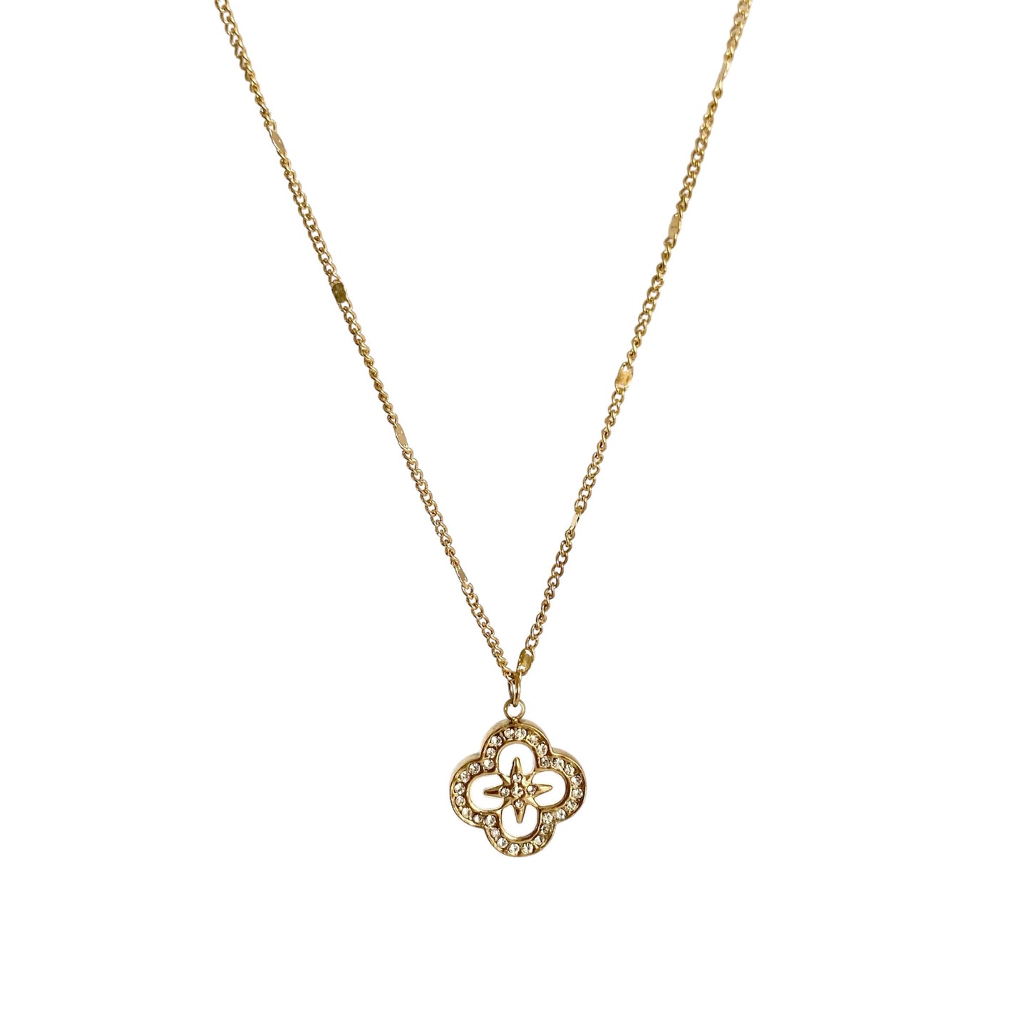 Collier pendentif étoile et trèfle blanc nacré serti d’oxyde de zirconium en acier doré pour femme