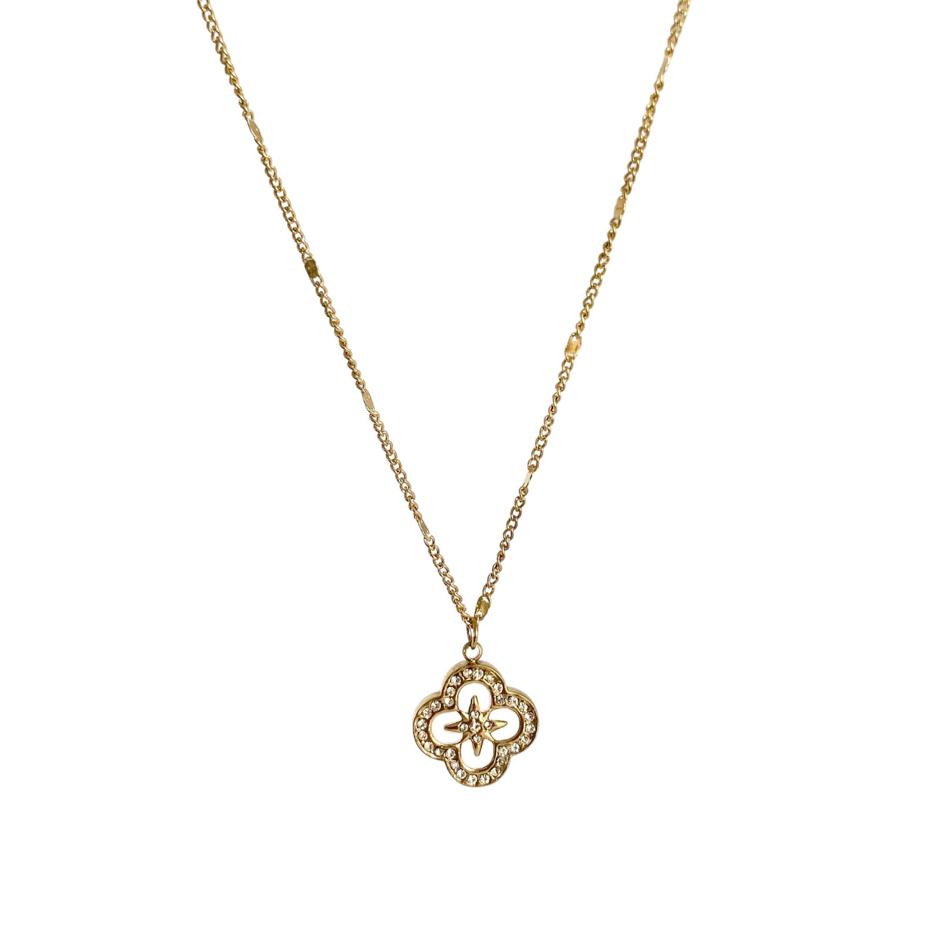 Collier pendentif étoile et trèfle blanc nacré serti d’oxyde de zirconium en acier doré pour femme