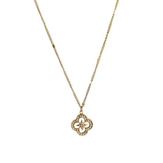 Collier pendentif étoile et trèfle blanc nacré serti d’oxyde de zirconium en acier doré pour femme