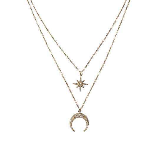 Collier double rang étoile et lune strass doré en acier inoxydable pour femme 