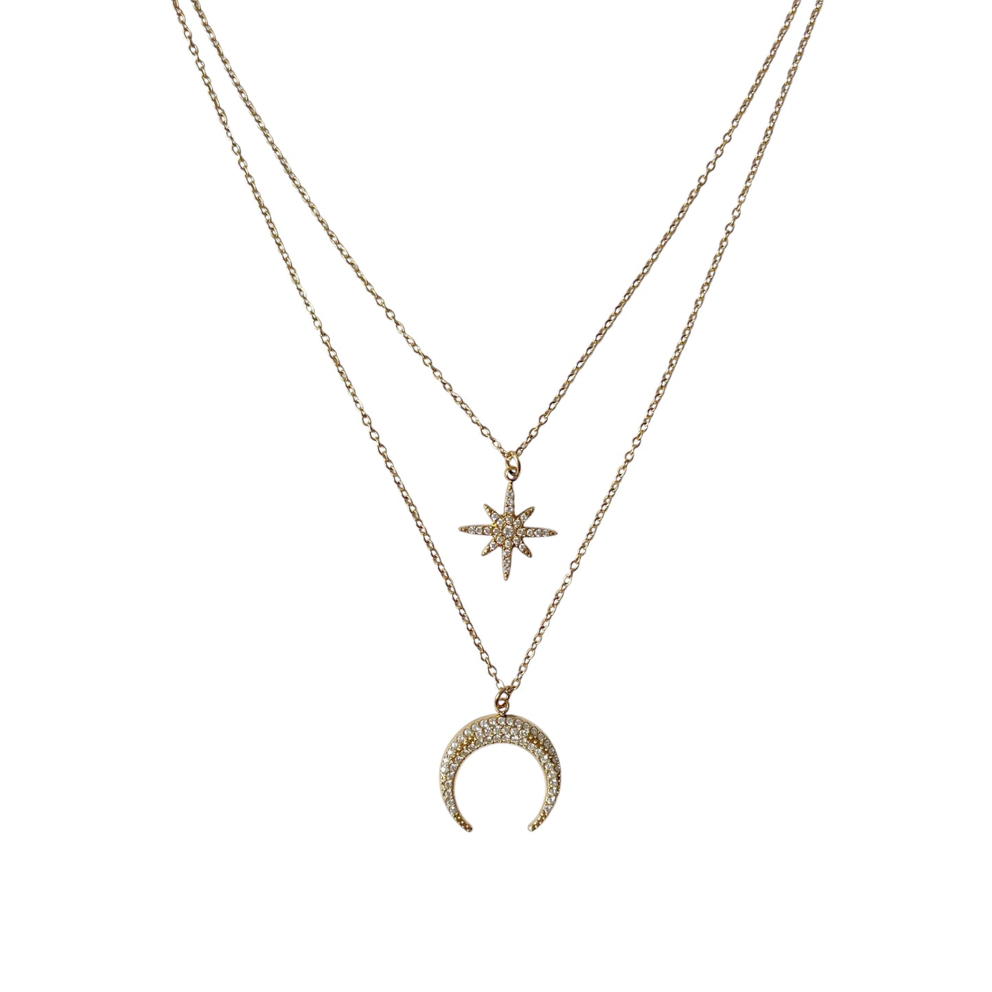 Collier lune étoile double rang doré en acier inoxydable pour femme 